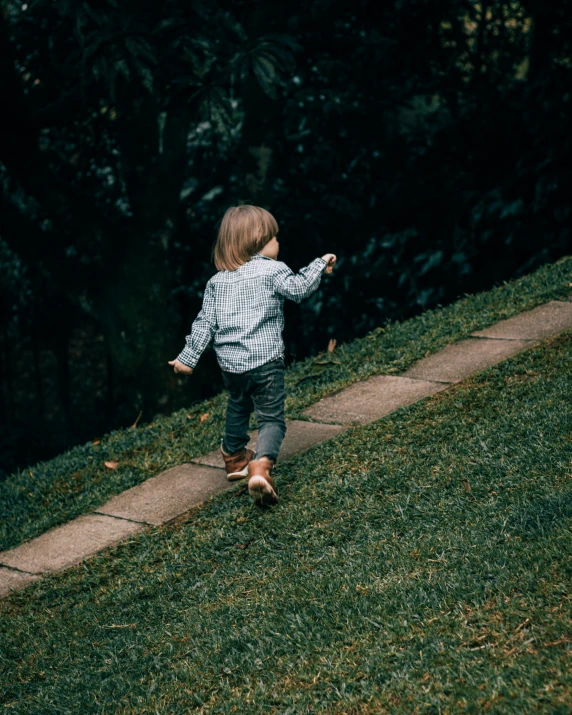 a little girl that is standing in the grass, pexels contest winner, happening, be running up that hill, steps leading down, beautiful boy, smol