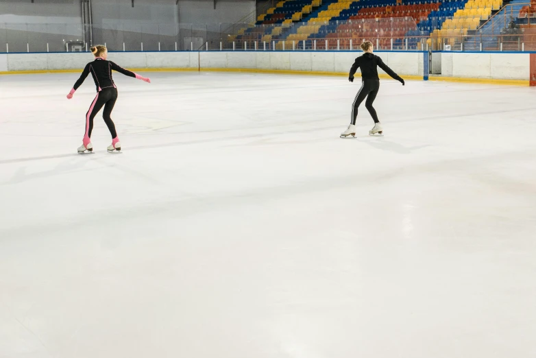 two people are skating on an ice rink, by Tom Bonson, unsplash, arabesque, standing in an arena, plain background, low quality photo, thumbnail