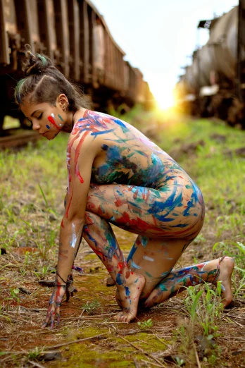 a woman sitting on the ground with paint all over her body, scenery, poop, trending on art - sation, 5 0 0 px models