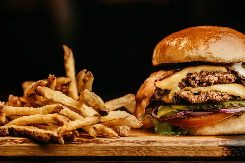 a cheeseburger and french fries on a cutting board, pexels contest winner, renaissance, 🦩🪐🐞👩🏻🦳, avatar image, close up image, restaurant menu photo