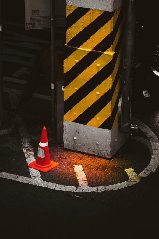 a traffic cone sitting on the side of a road, by Daniel Seghers, pexels contest winner, constructivism, nigth, promo image, square, hazard stripes