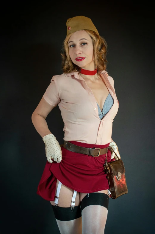 a woman in a short skirt is posing for a picture, a character portrait, inspired by Jules Chéret, featured on reddit, close - up studio photo, outfit photo, nurse costume, cowgirl