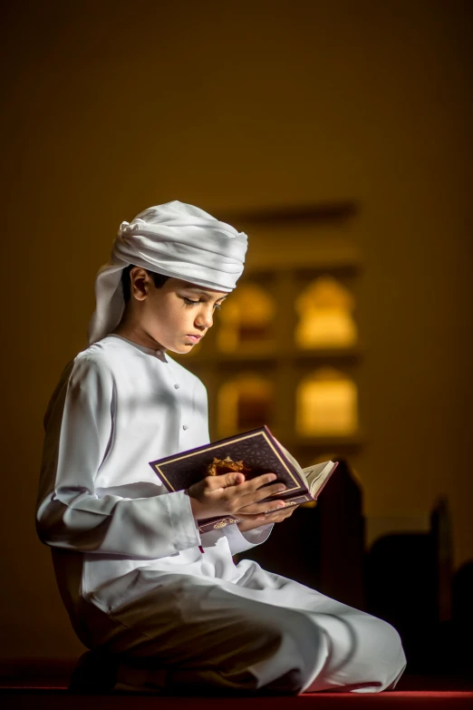 a person sitting down reading a book, by Sheikh Hamdullah, pexels contest winner, academic art, young boy, formal portrait, sheik mohammad ruler of dubai, focused light