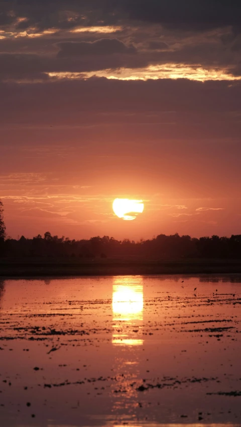 the sun is setting over a body of water, by Jan Tengnagel, hurufiyya, cambodia, low quality photo