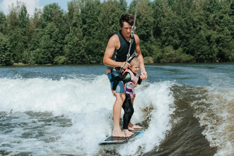 a man riding a wave on top of a surfboard, with a kid, river rapids, profile image, sports photo