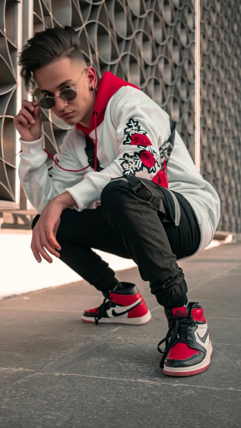 a man sitting on a skateboard in front of a fence, inspired by Zhu Da, trending on pexels, white and red roses, detailed clothing, air jordan 1 high, profile image