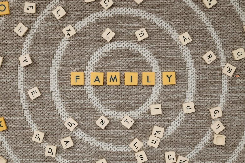 the word family spelled in scrabbles on a rug, trending on pixabay, folk art, 1 6 x 1 6, tan, connections, circular