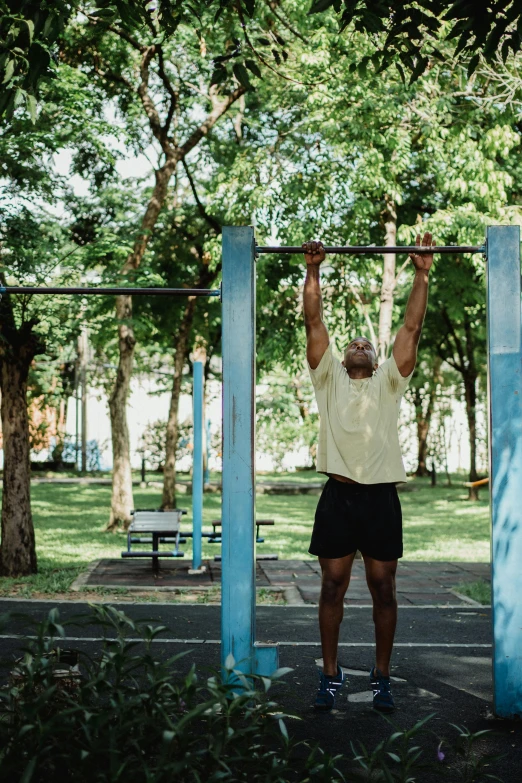 a man is doing pull ups in a park, a portrait, pexels contest winner, sri lanka, hide the pain harold, square, chemistry