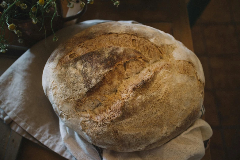 a loaf of bread sitting on top of a table, a portrait, by Helen Stevenson, unsplash, round format, fertile, bougeureau, very large