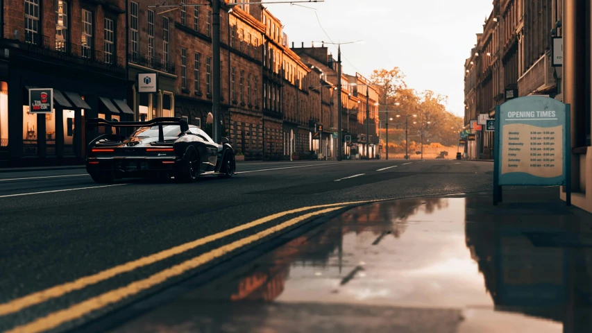 a car driving down a street next to tall buildings, inspired by Harry Haenigsen, unsplash contest winner, hyperrealism, glasgow, wet asphalt, porsche rsr, early morning light