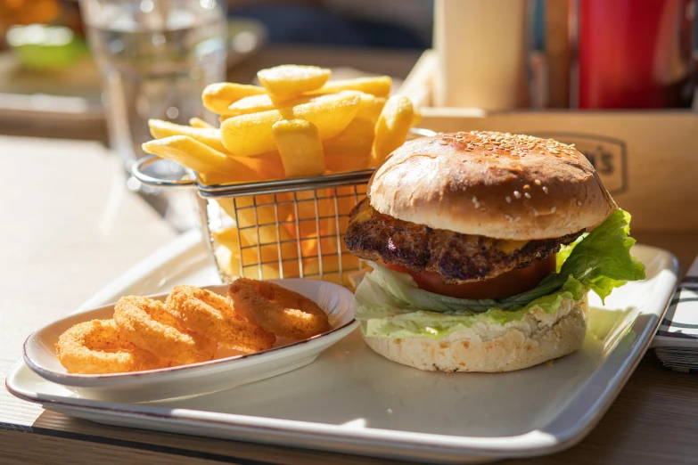 a close up of a plate of food on a table, by Joe Bowler, unsplash, hamburger, warm sunshine, style of chippy, 🦩🪐🐞👩🏻🦳