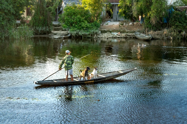 a man on a small boat with two dogs, by Jan Tengnagel, sumatraism, river running past the cottage, madagascar, slide show, gondola