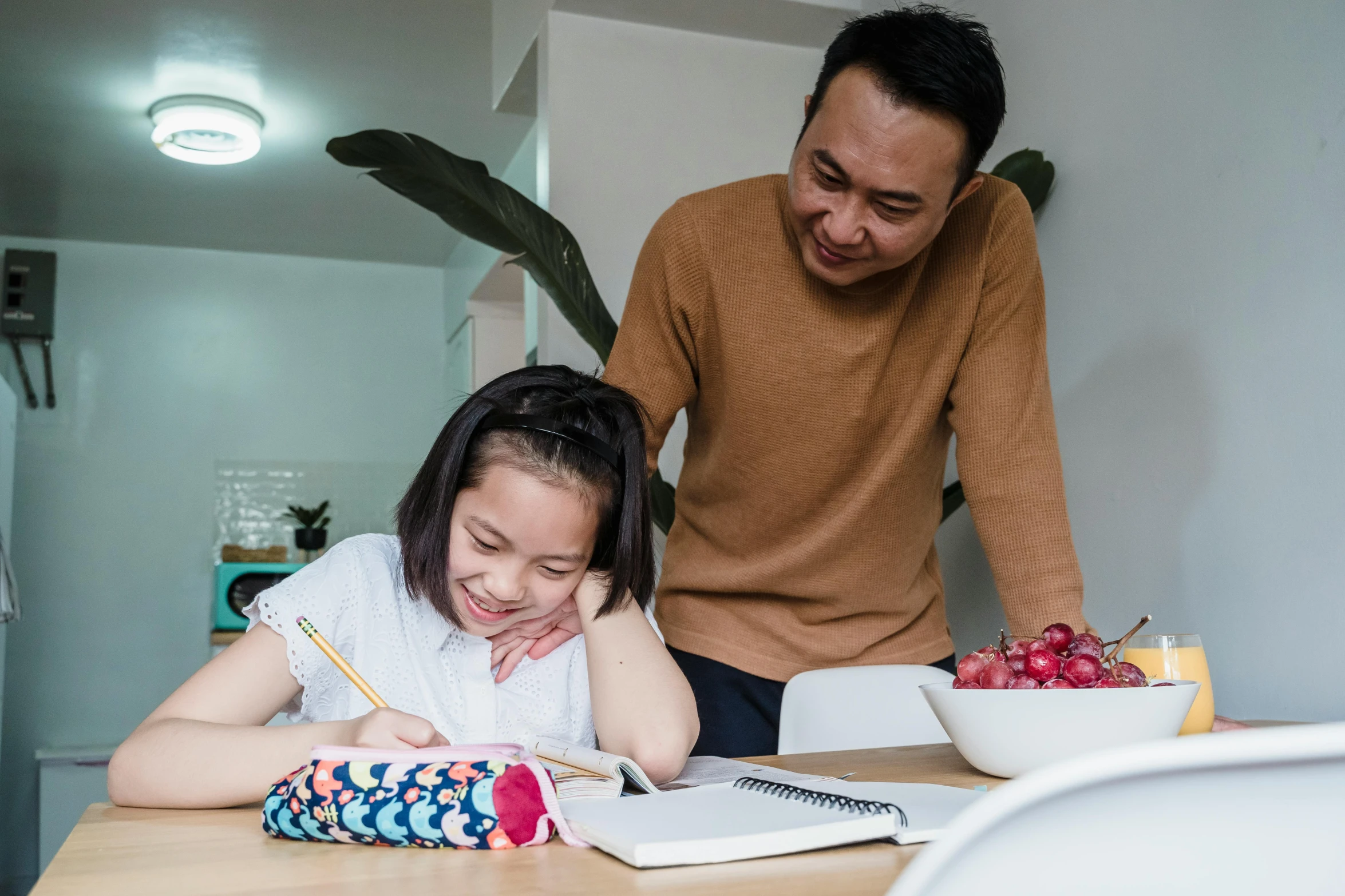 a man and a little girl sitting at a table, a child's drawing, by Lee Loughridge, pexels contest winner, asian female, trying to study, zeen chin and farel dalrymple, dad energy