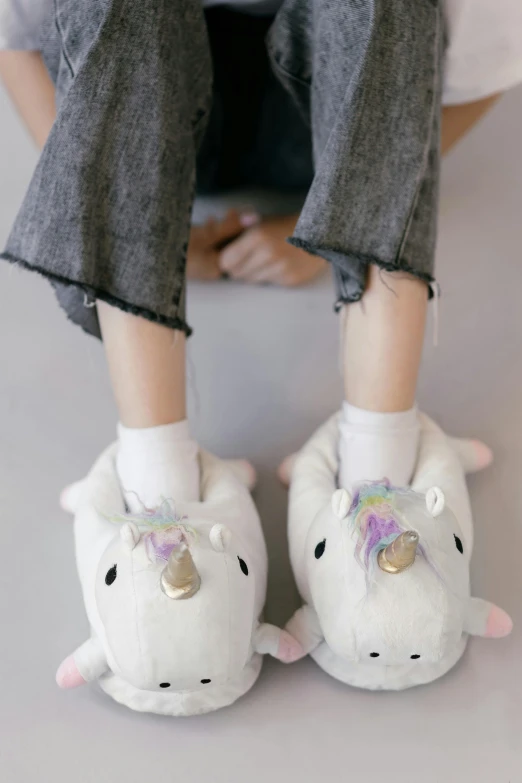 a close up of a person wearing slippers, white unicorn, full shot ( fs ), white wearing, small