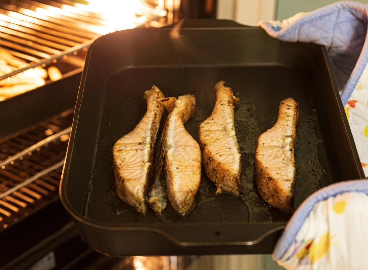 a person holding a pan of food in front of an oven, salmon, image, rectangle, food