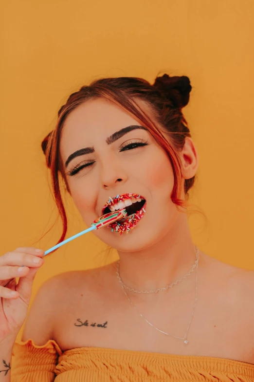 a woman brushing her teeth with a toothbrush, a colorized photo, inspired by Hedi Xandt, trending on pexels, pop art, made of candy, amouranth, spicy, syrup