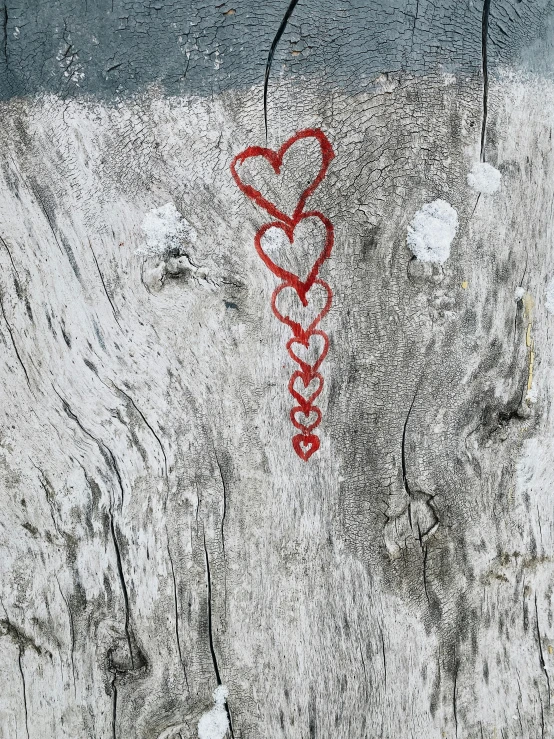 a painting of two hearts on a piece of wood, a picture, inspired by Chiharu Shiota, trending on pexels, graffiti, profile image, silver white red details, made of wood, near the beach