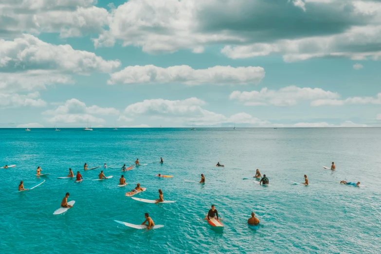 a group of people riding surfboards on top of a body of water, by Carey Morris, pexels contest winner, fine art, turquoise, 🦩🪐🐞👩🏻🦳, lined up horizontally, lush paradise