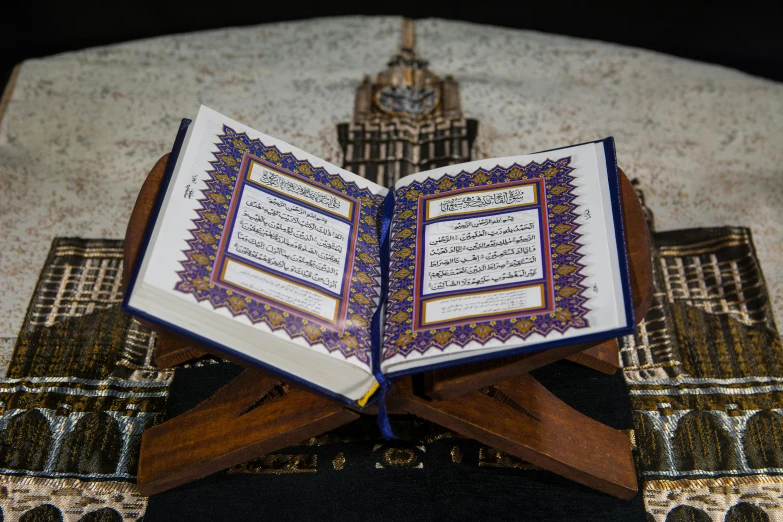 an open book sitting on top of a wooden stand, hurufiyya, frontal shot, inside a grand, prayer, thumbnail