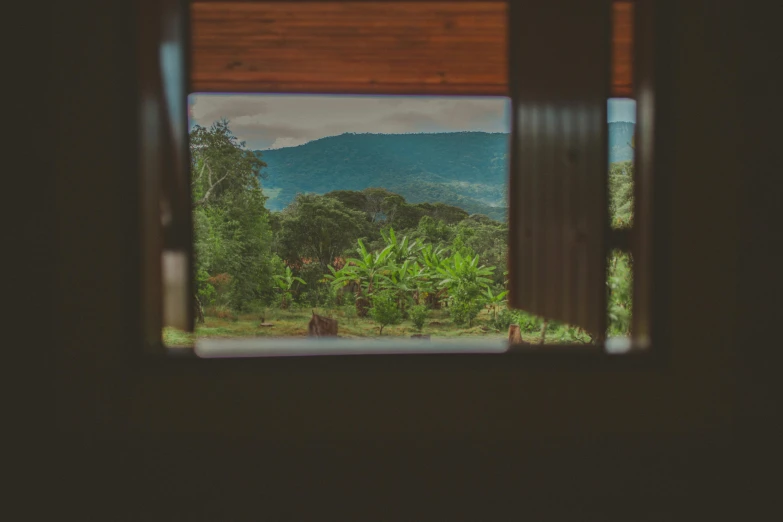 a view of a mountain through a window, jungle clearing, wood cabin in distance, lush countryside, zoomed out