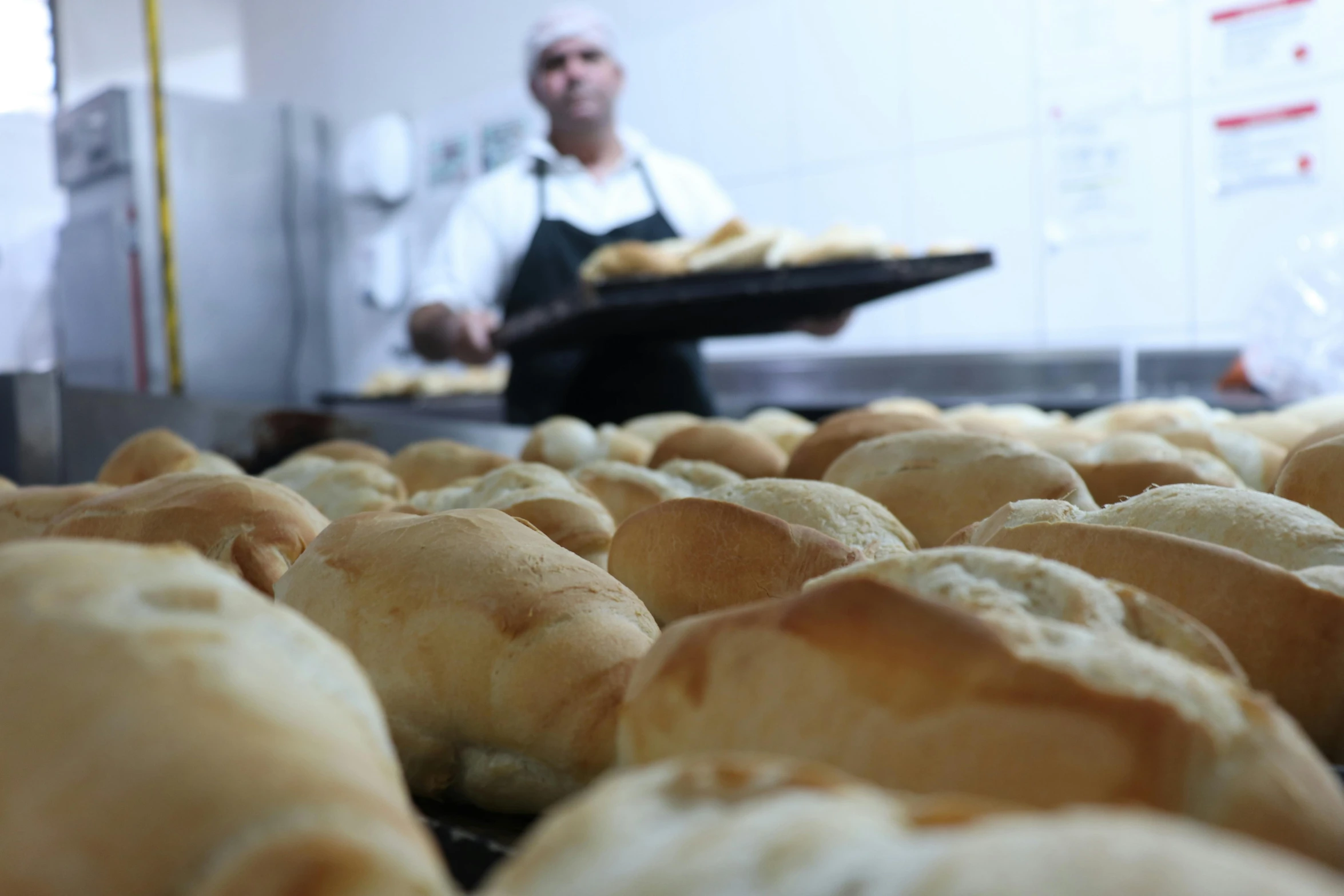 a baker holding a tray of freshly baked bread, a portrait, pexels, process art, chilean, inside a grand, te pae, puffy