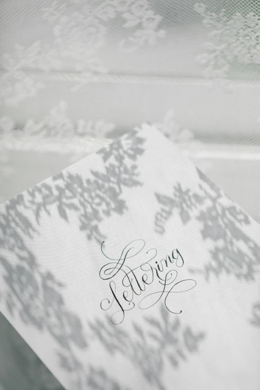 a close up of a piece of paper on a table, a silk screen, inspired by Wilhelmina Weber Furlong, trending on pixabay, fine foliage lace, light grey, flowing lettering, repeating pattern