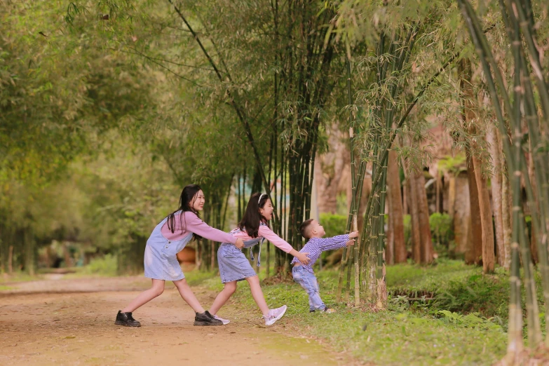 a couple of girls walking down a dirt road, inspired by Ni Yuanlu, pexels contest winner, bamboo forest in the background, avatar image, school, playful pose
