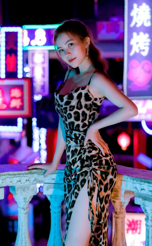 a woman in a leopard print dress posing for a picture, trending on pexels, digital art, with neon signs, cinematic. by leng jun, young beautiful amouranth, 15081959 21121991 01012000 4k