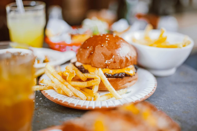 a close up of a plate of food on a table, a cartoon, unsplash, cheeseburger, best fries, white and orange, 🦩🪐🐞👩🏻🦳