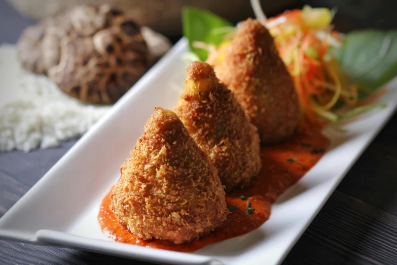 a close up of a plate of food on a table, cone heads, bolero, monsoon, deep fried