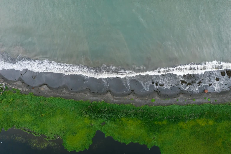 an aerial view of a body of water, pexels contest winner, hurufiyya, bioremediation, black sand, muted green, sea foam