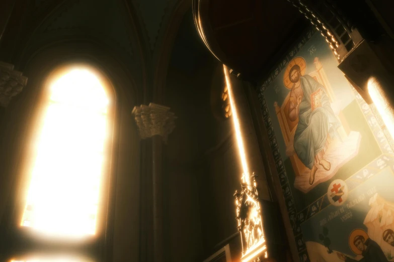 sunlight shines through a stained glass window in a church, a picture, polycount contest winner, global illumination. vfx, makoto shinkai. —h 2160, in orthodox church, detailed cinematic shot