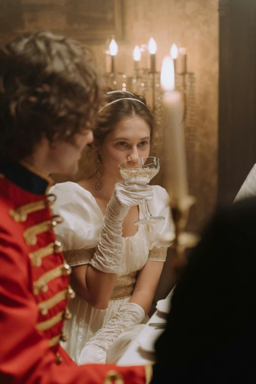 a man standing next to a woman in a wedding dress, inspired by Sophie Pemberton, pexels contest winner, rococo, drinking a glass of whiskey, movie scene close up, napoleonic wars, [ theatrical ]