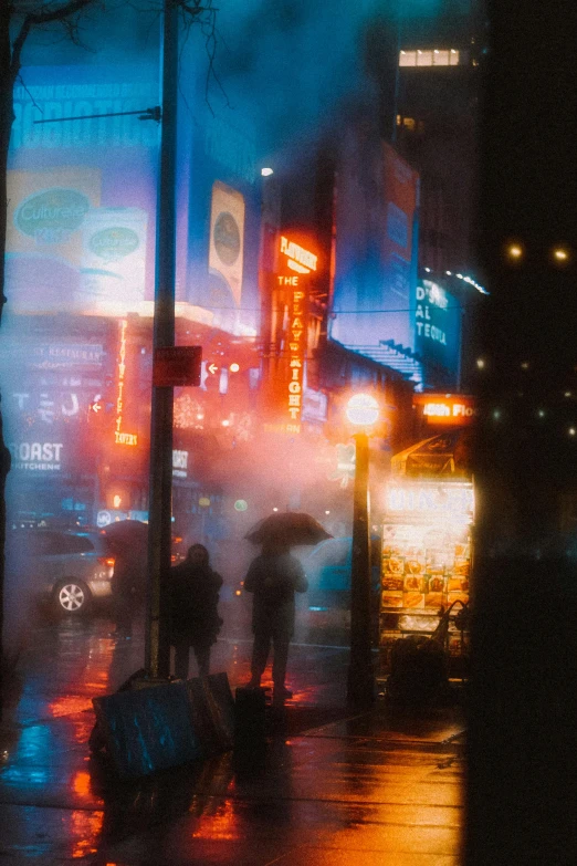 a group of people walking down a street at night, cyberpunk art, pexels contest winner, photorealism, rainy; 90's photograph, time square, yellow mist, paul lehr and beeple