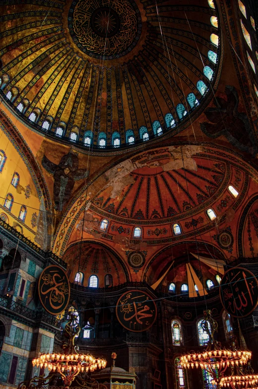 a group of chandeliers hanging from the ceiling of a building, a mosaic, inspired by Osman Hamdi Bey, with great domes and arches, 2 5 6 x 2 5 6, cathedral ceiling, black domes and spires