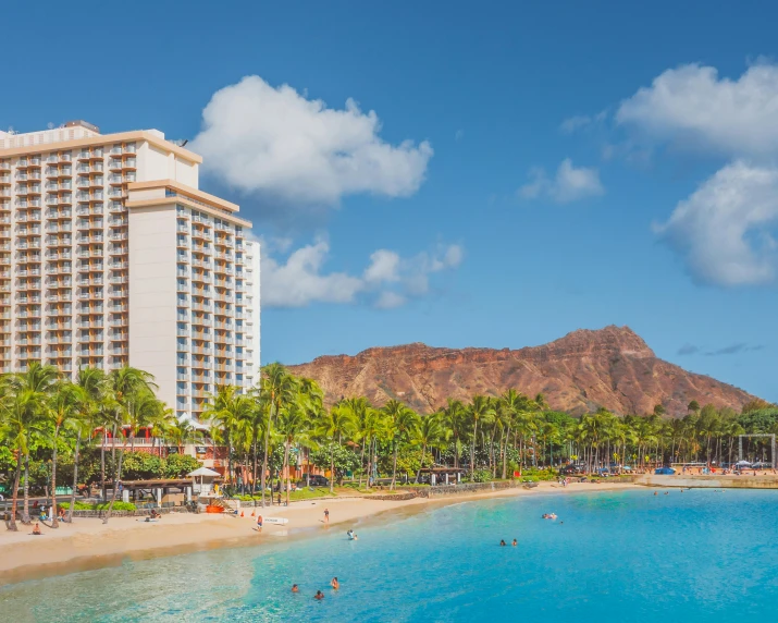 a beach with palm trees and a hotel in the background, hawaii beach, flatlay, high rises, group photo