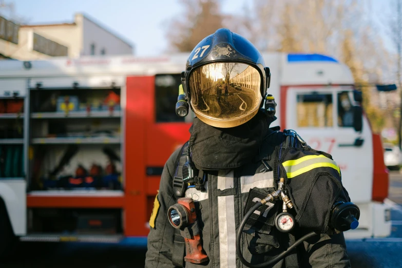 a firefighter standing in front of a fire truck, pexels contest winner, hyperrealism, space suit with a modern helmet, avatar image, 2 0 0 0's photo, emergency countermeasures