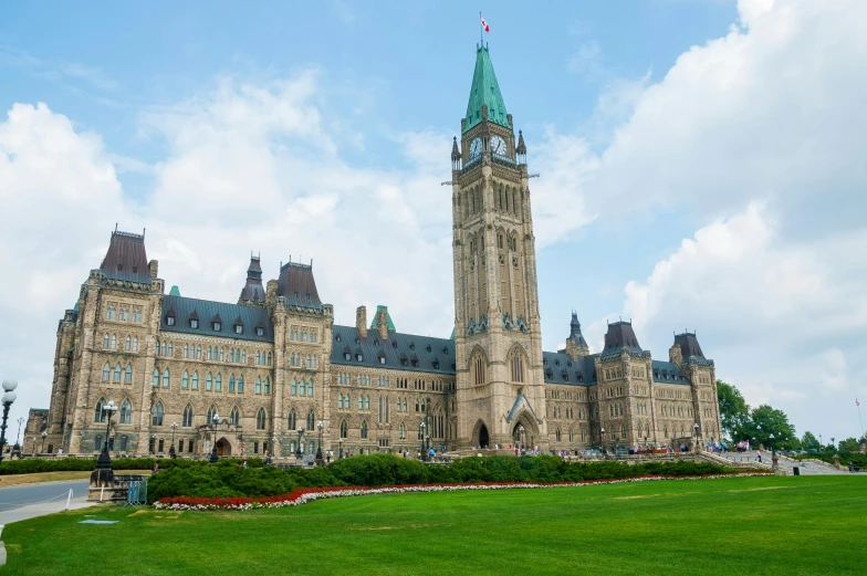 a large building with a clock tower in front of it, pexels contest winner, a cosmic canada goose, parliament, lawn, 🚿🗝📝