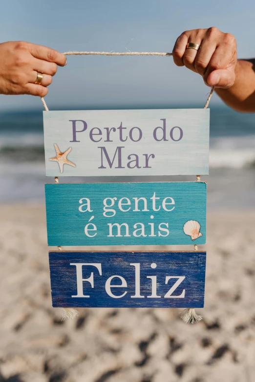 a person holding a sign on the beach, by Felipe Seade, instagram, folk art, holiday, hanging, multiple stories, happy couple