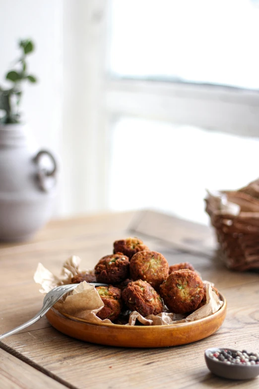 a plate of food sitting on top of a wooden table, hurufiyya, jajaboonords flipjimtots, on kitchen table, perfect crisp light, chuvabak