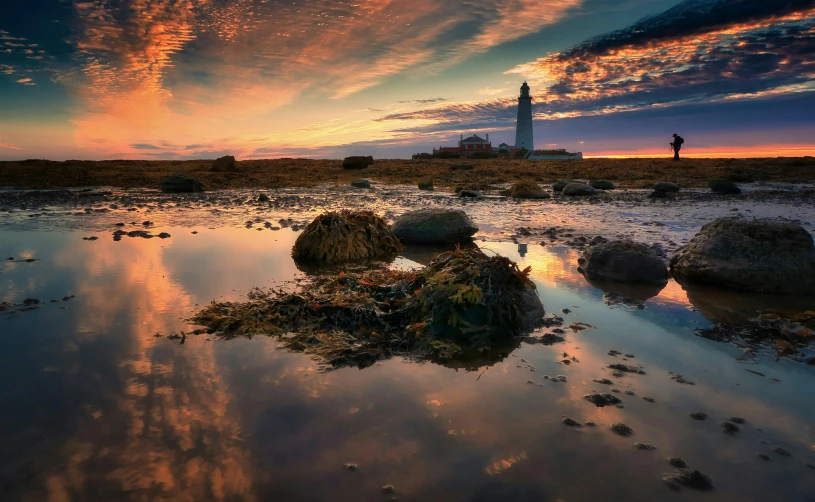 a lighthouse sitting on top of a rocky beach, by Robert Sivell, pexels contest winner, romanticism, reflection puddles, pastel sunset, puddle of water, panoramic