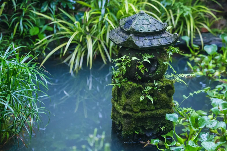 a statue in the middle of a pond surrounded by plants, inspired by Tōshi Yoshida, unsplash, environmental art, mossy stone, lush plants and lanterns, tropical plants, fan favorite