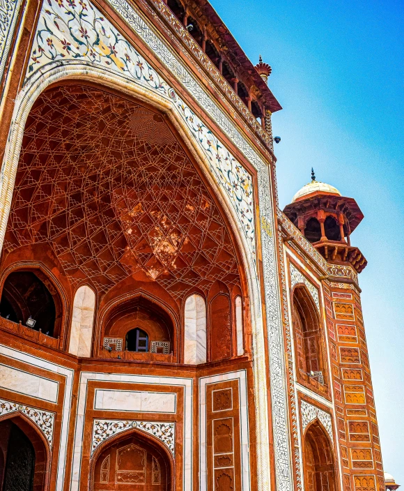 the entrance to the taj mahal mosque in india, a mosaic, by Julia Pishtar, far view, square, peaked wooden roofs, contemplating