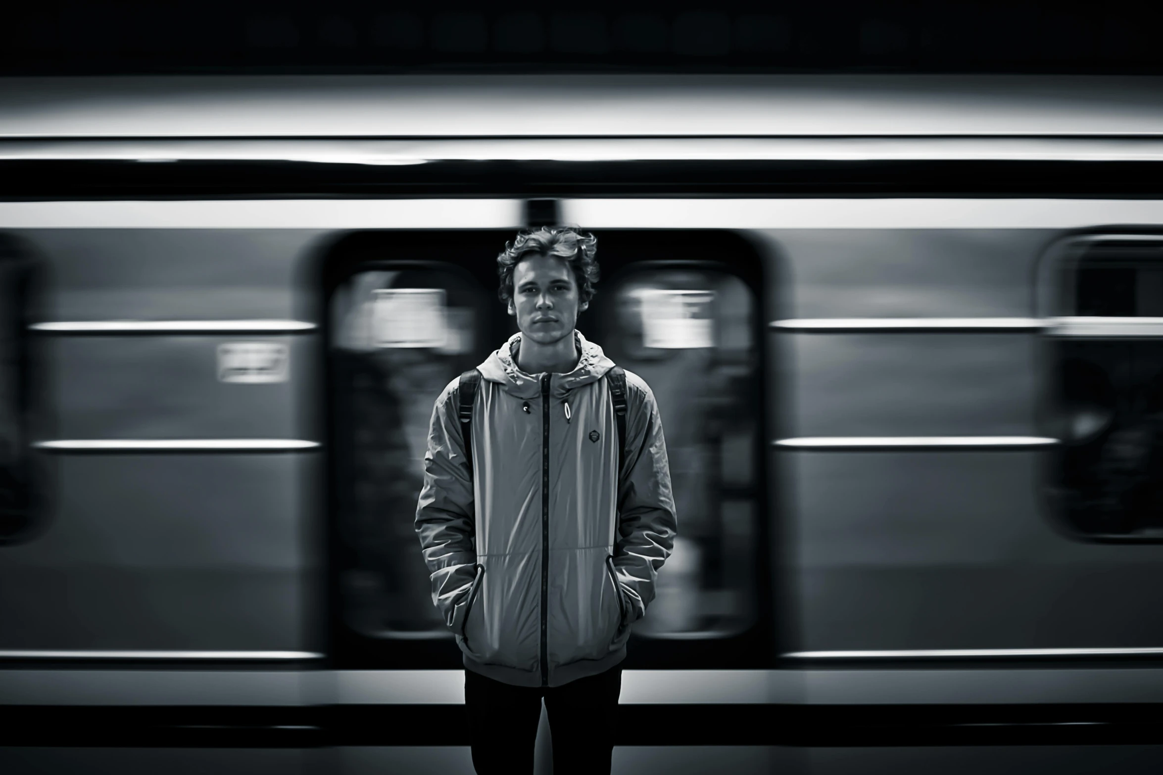 a man standing in front of a subway train, by Adam Marczyński, square, male teenager, portait image, flume