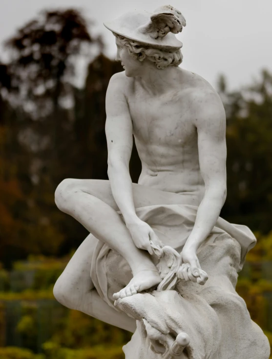 a statue of a woman sitting on a rock, unsplash, neoclassicism, teenage boy, shows a leg, grieving. intricate, but very good looking”