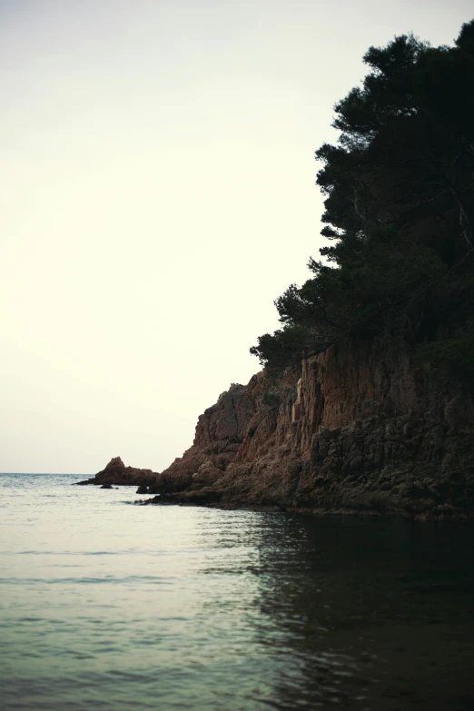 a body of water next to a rocky shore, a picture, unsplash, les nabis, medium format. soft light, ibiza, pine forests, lo fi