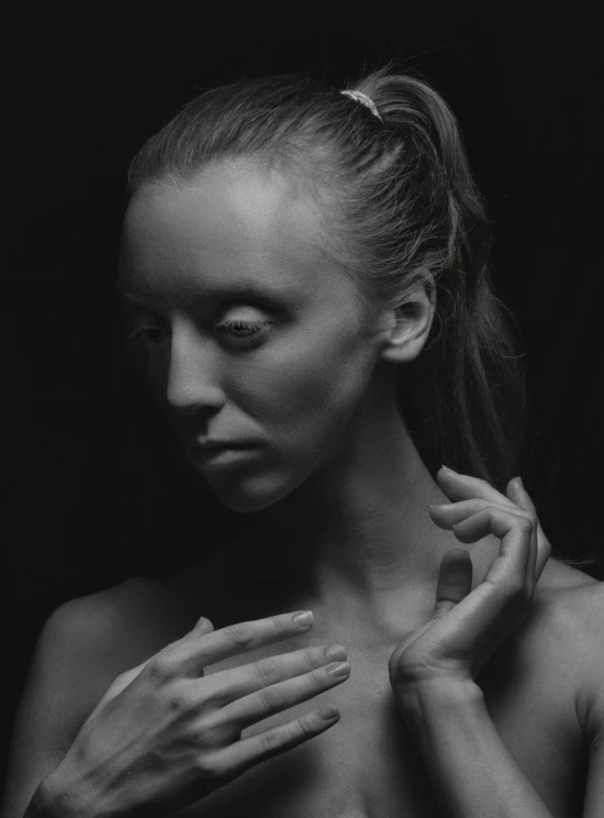 a black and white photo of a naked woman, inspired by Ignacy Witkiewicz, unsplash contest winner, hyperrealism, photo of a hand jewellery model, singularity sculpted �ー etsy, die antwoord yolandi portrait, beth cavener