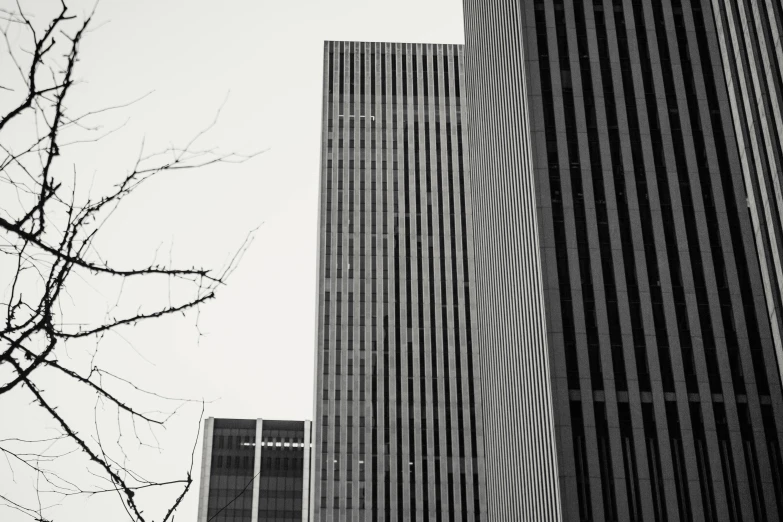 a couple of tall buildings sitting next to each other, a black and white photo, inspired by David Chipperfield, postminimalism, minneapolis, 1980 photo, square lines, gorgeous buildings