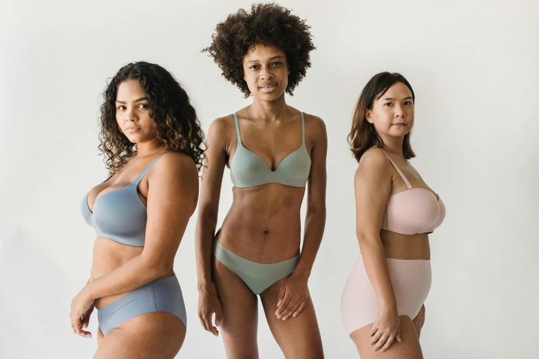 three women in bikinis standing next to each other, unsplash, soft shapes, blue undergarments, on a gray background, various colors