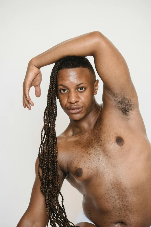a man with dreadlocks posing for a picture, by Terrell James, beefcake pose, queer, on clear background, armpit
